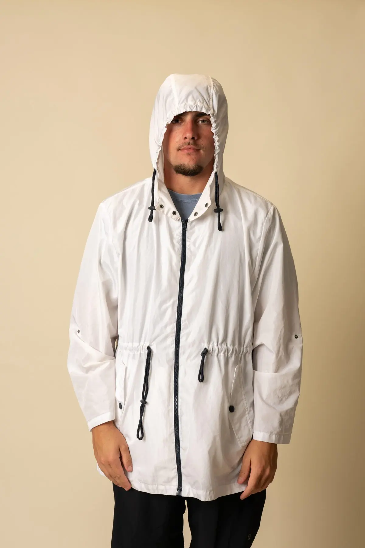 White hooded rain jacket, drawcord waist